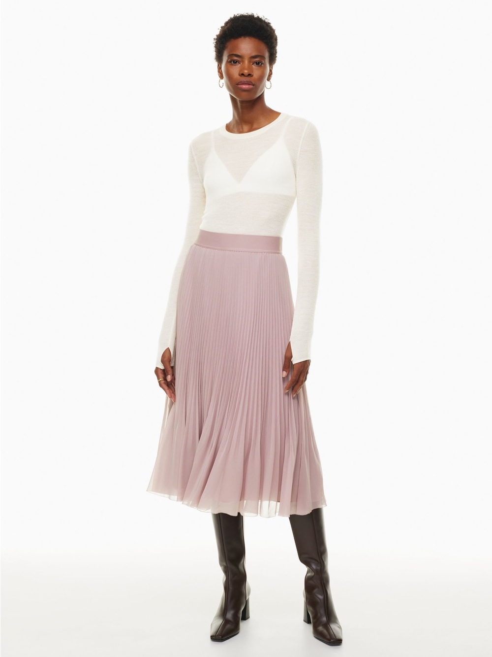 Aritzia Wilfred Pleated Twirl Midi Skirt in Blush